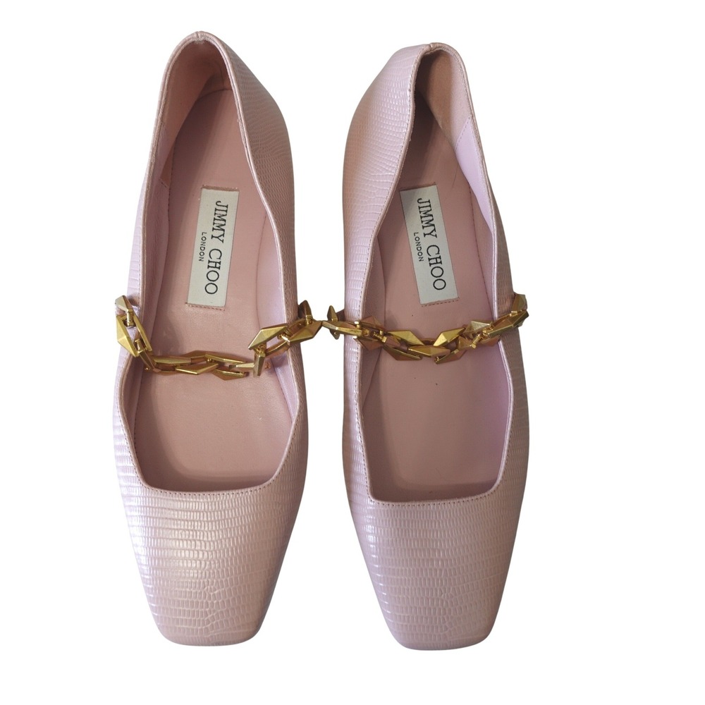Jimmy Choo Tilda Ballet Flats 38 Pink‎ Lizard Embossed Leather Chain Mary Jane